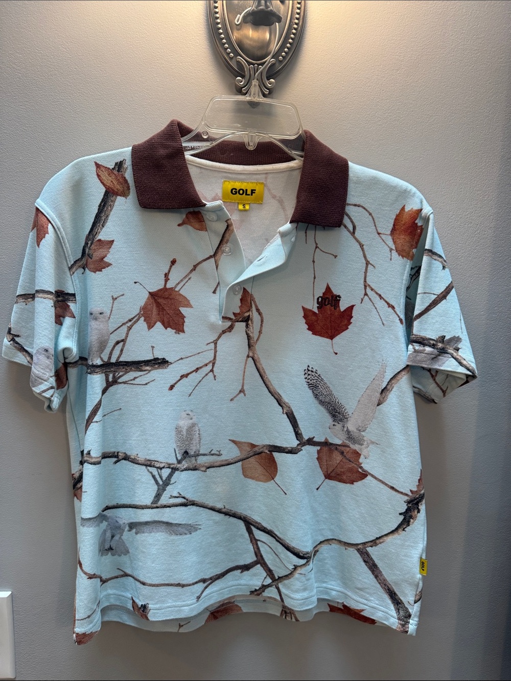 Golf Wang Light Blue Polo with Brown Collar & Autumn Owl Print